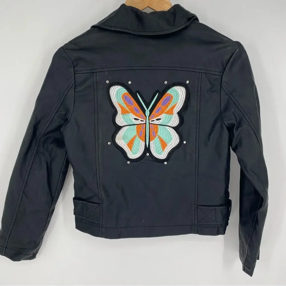 Me Jane Girls Jacket Motorcycle Style‎ Faux Leather Embroidered Butterfly 14